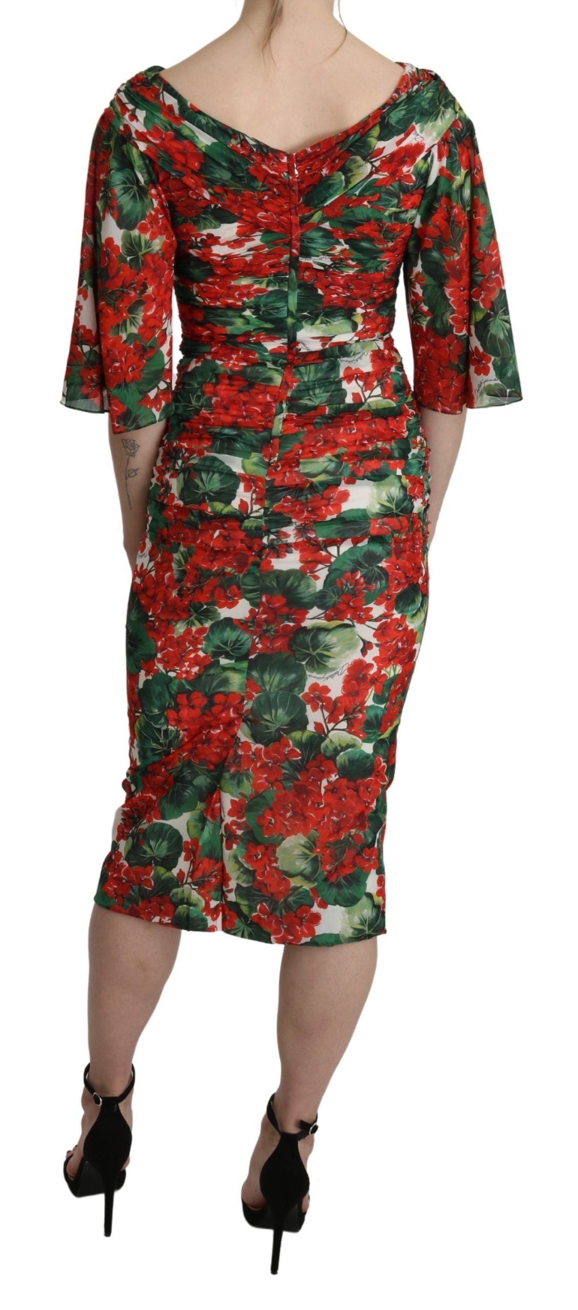 Dolce &amp; Gabbana Red Floral Sheath Midi Silk Stretch Dress