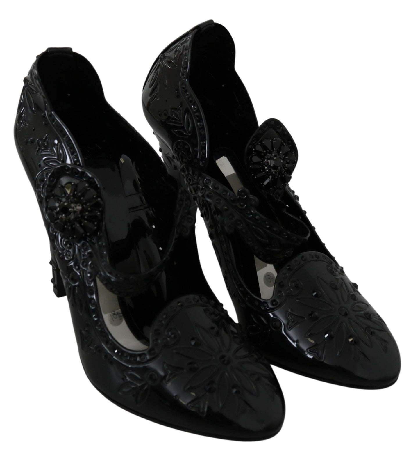 Dolce &amp; Gabbana Black Floral Crystal CINDERELLA Heels Shoes