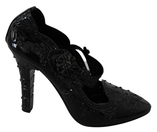 Dolce &amp; Gabbana Black Floral Crystal CINDERELLA Heels Shoes