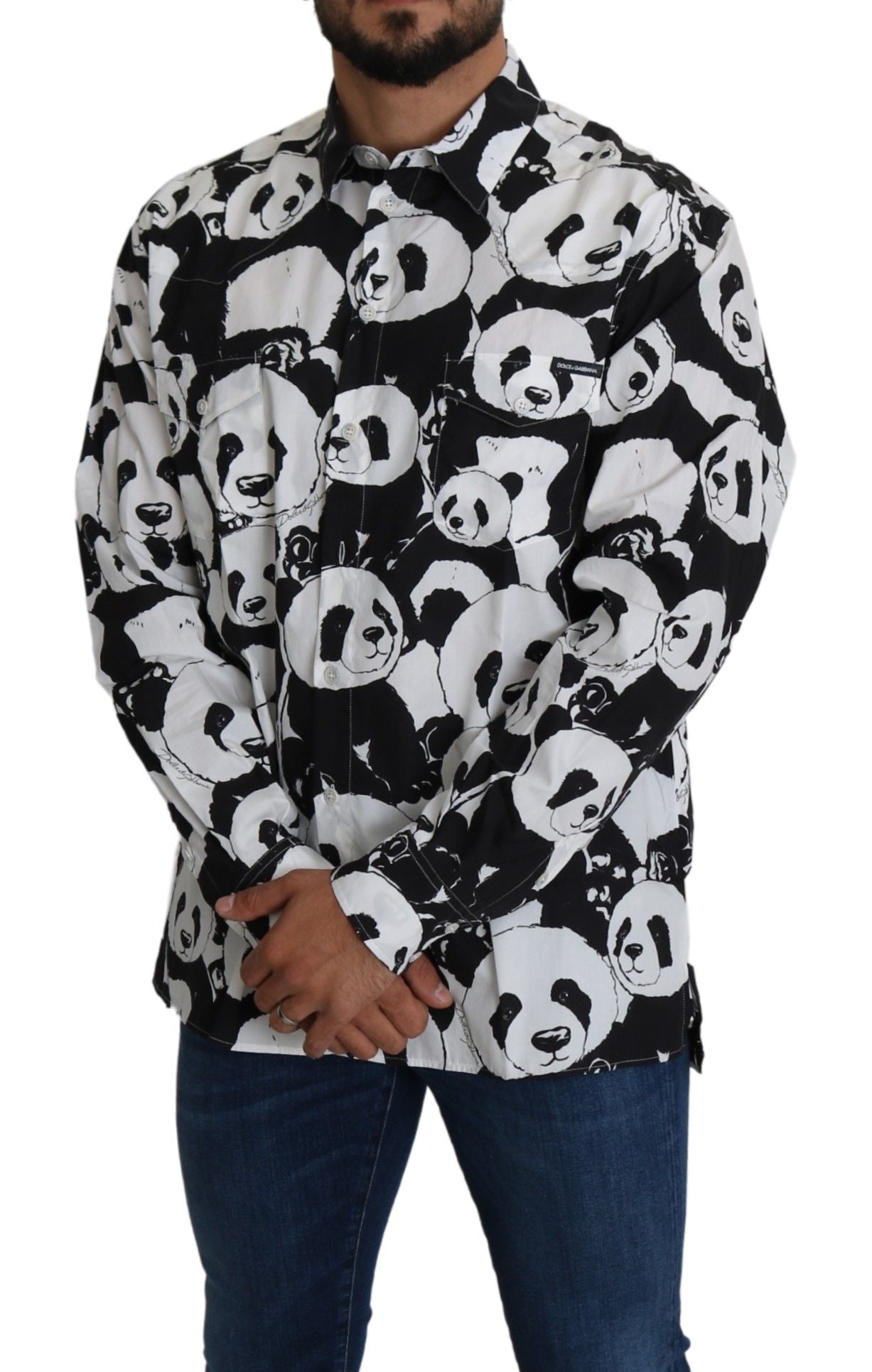 Dolce &amp; Gabbana Black Panda Mens Casual 100% Cotton Shirt