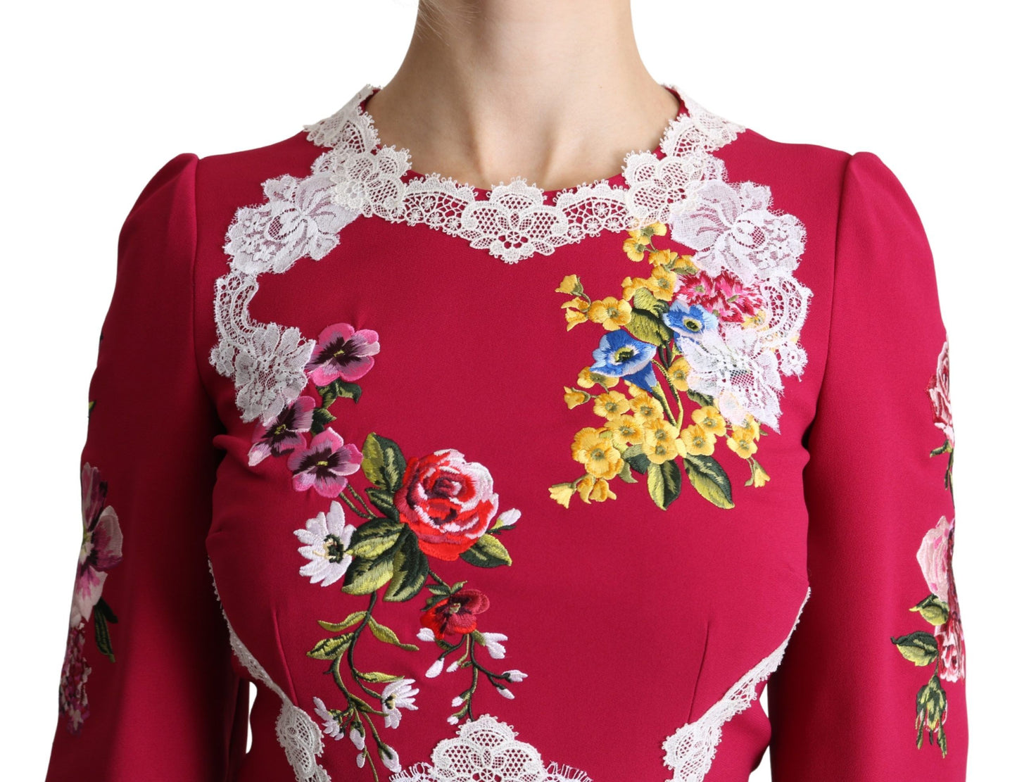 Dolce &amp; Gabbana Red Floral Embroidered Sheath Midi Dress