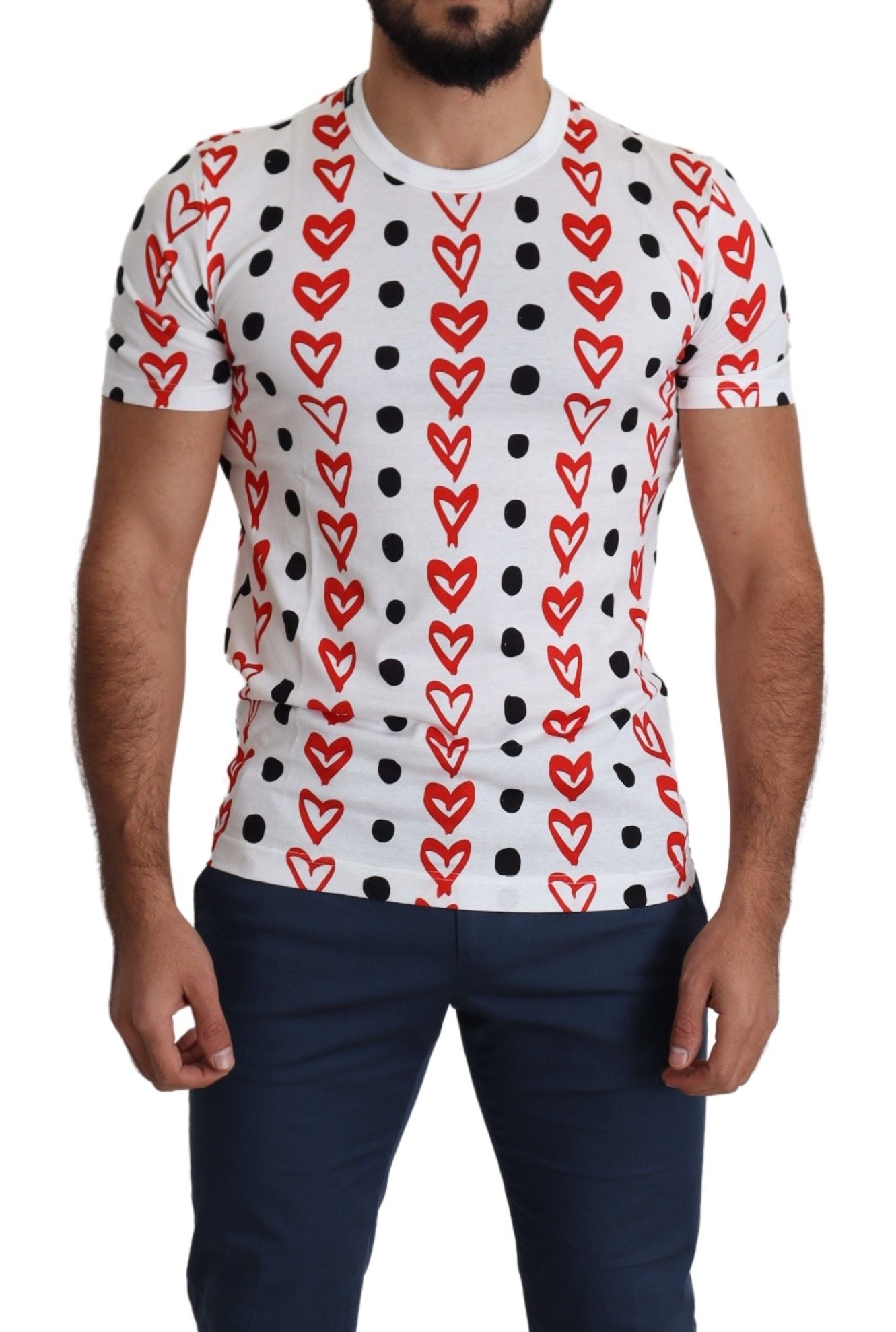 Dolce &amp; Gabbana White Hearts Print Cotton Men Top T-shirt