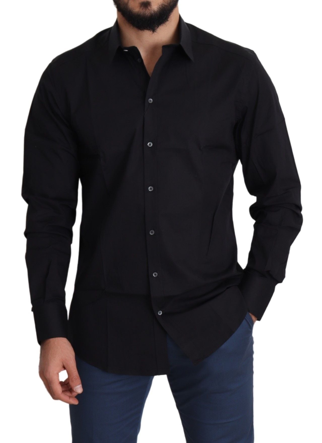 Dolce &amp; Gabbana Black Cotton Stretch Formal GOLD Dress Shirt