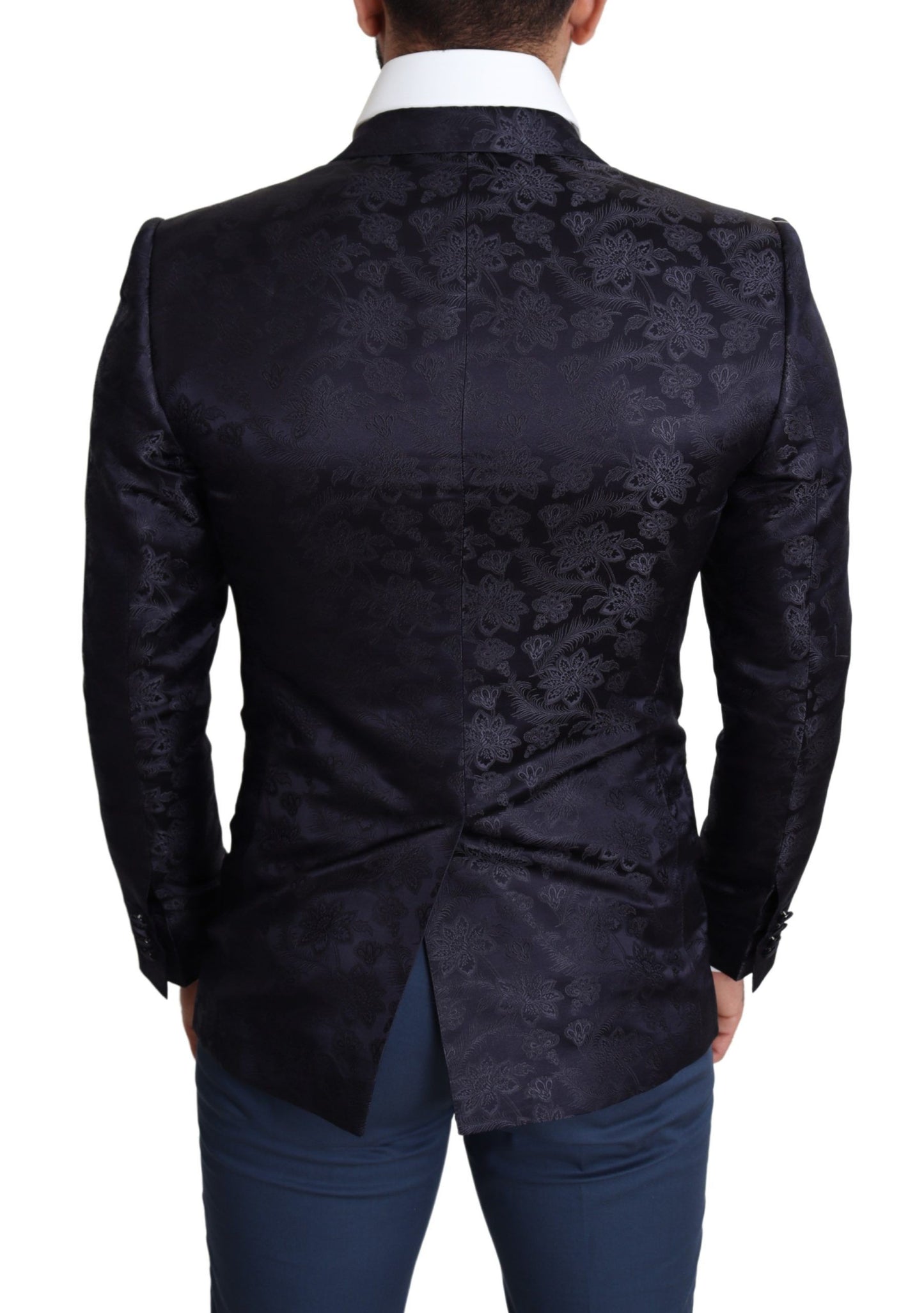 Dolce &amp; Gabbana Blue Floral Jacquard Silk Coat MARTINI Blazer