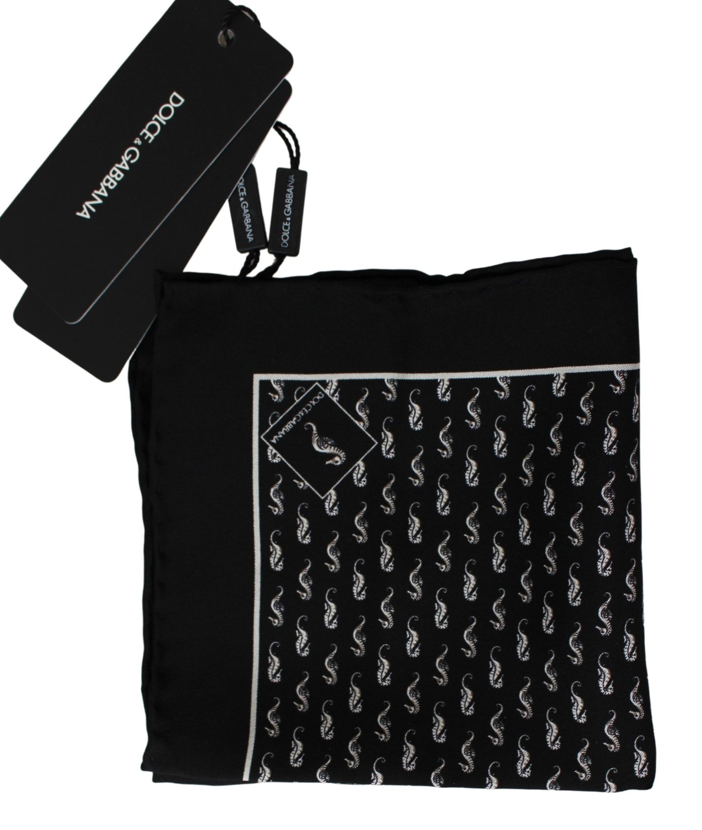 Dolce &amp; Gabbana Scarf Black Seahorse Print Silk Handkerchief