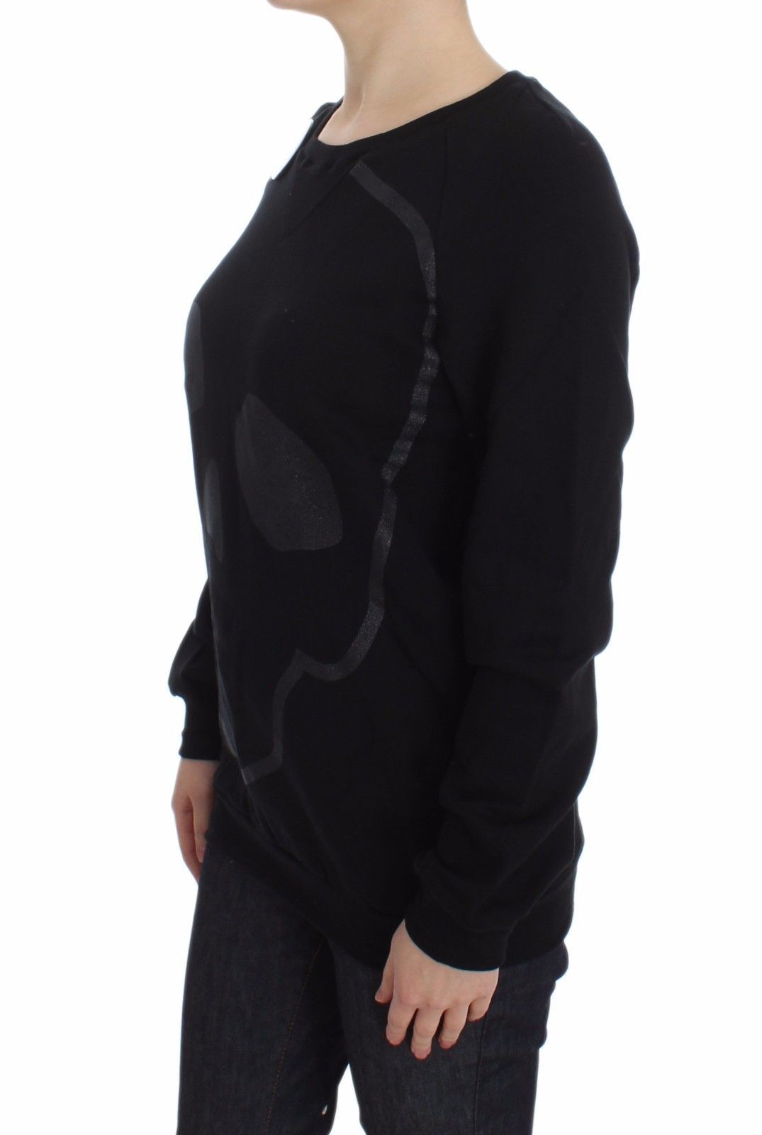 Exte Black Cotton Motif Print Crewneck Pullover Sweater