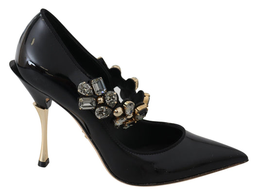 Dolce &amp; Gabbana Black Leather Crystal Shoes Mary Jane Pumps