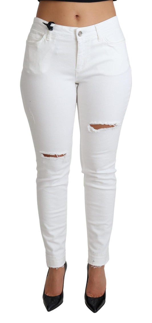 Dolce &amp; Gabbana White Tattered Skinny Denim Cotton Stretch Jeans