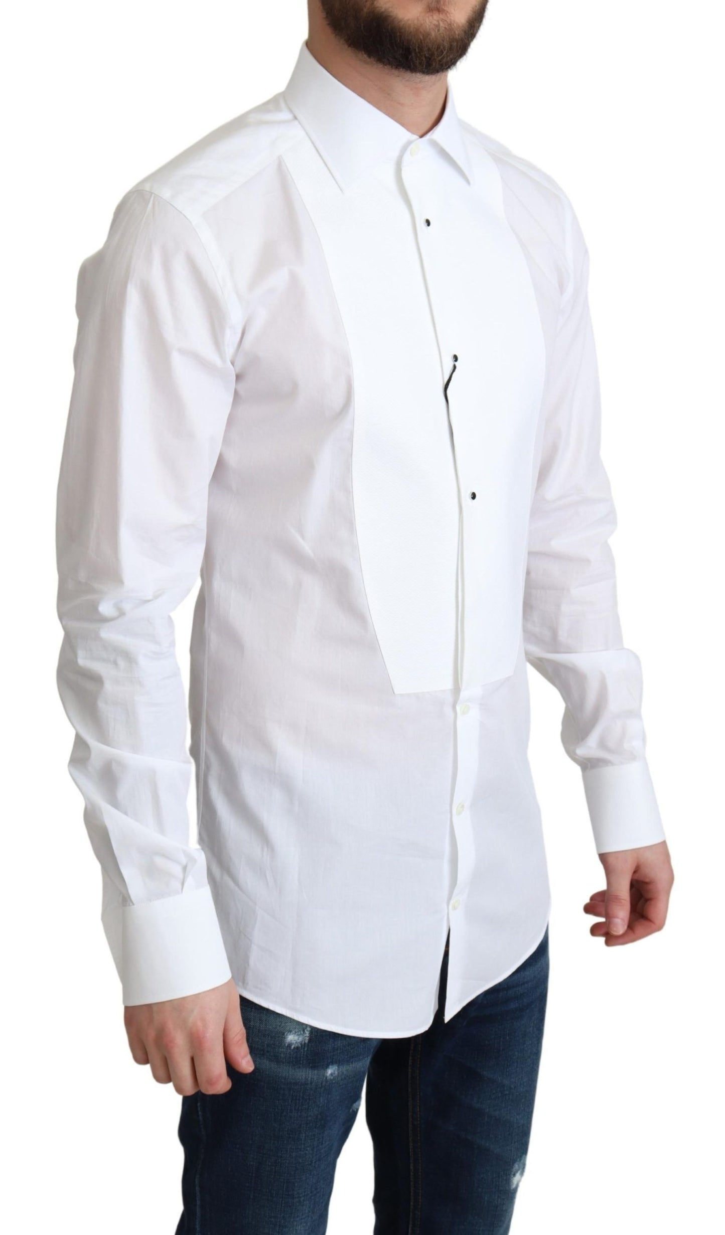 Dolce &amp; Gabbana White Bib Cotton Poplin Men Formal Shirt