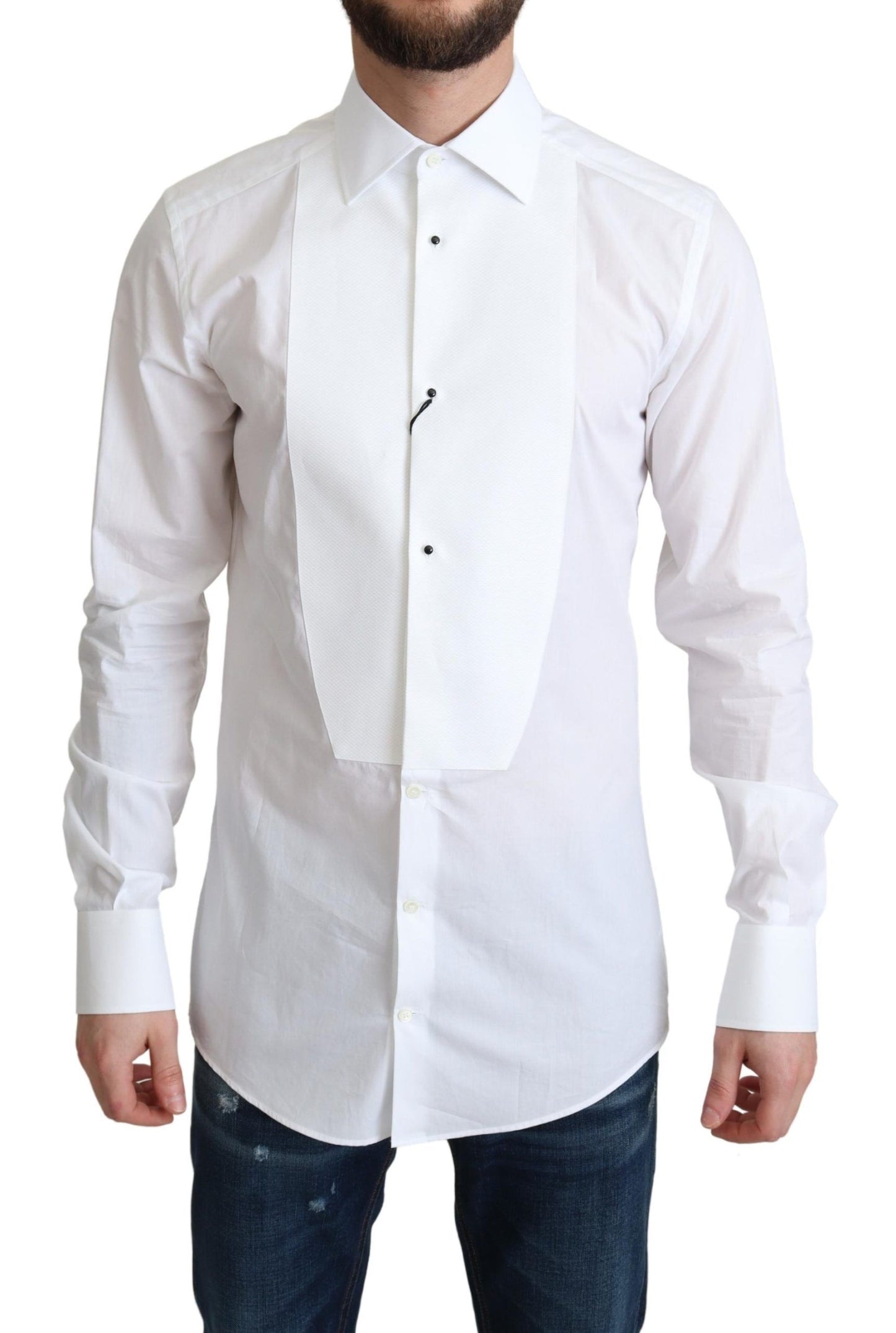 Dolce &amp; Gabbana White Bib Cotton Poplin Men Formal Shirt