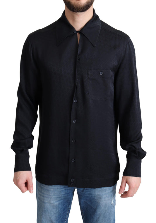 Dolce &amp; Gabbana Black Jacquard Silk Casual Button Down Shirt