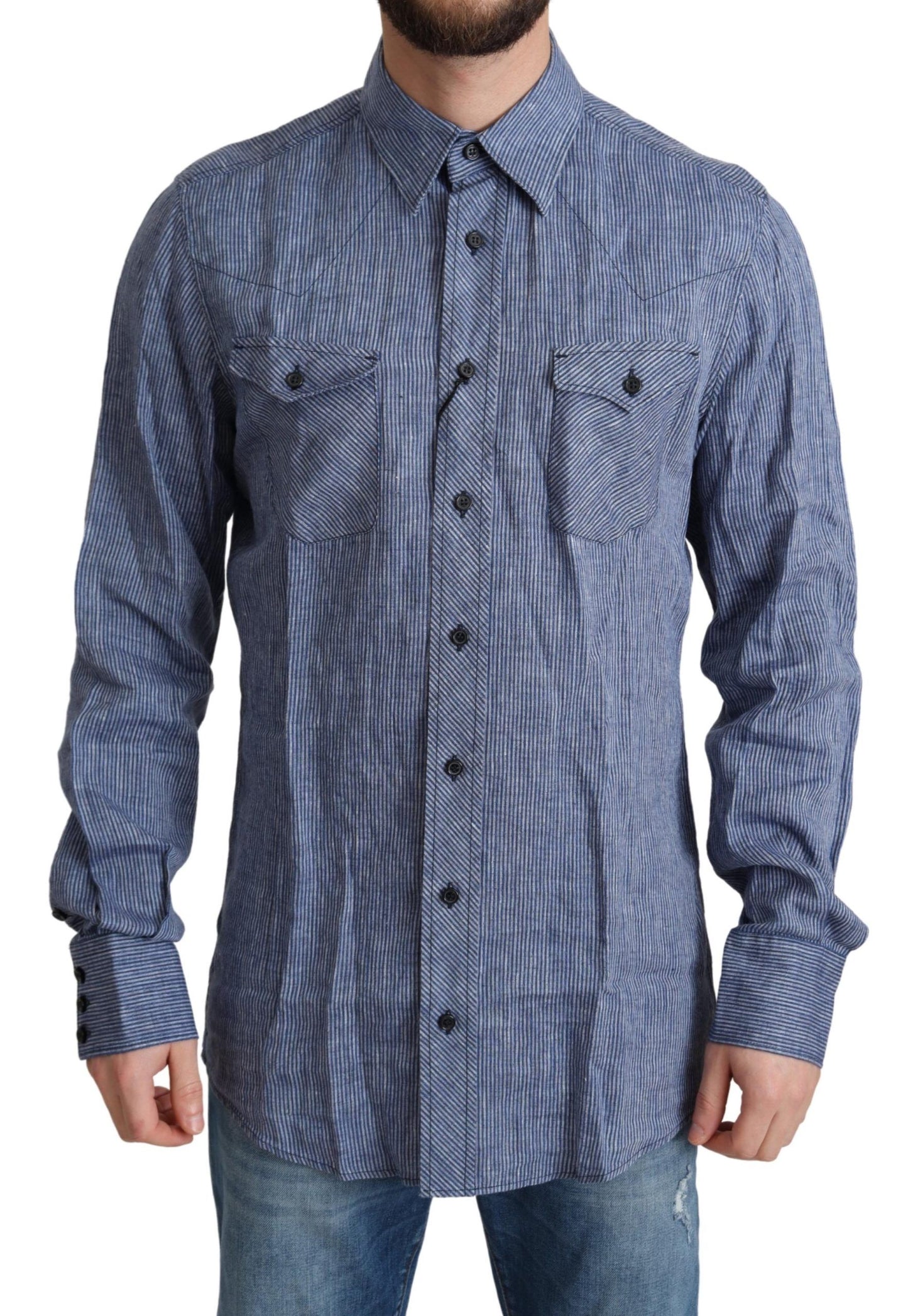 Dolce &amp; Gabbana Blue Stripes Men Casual Button Down Shirt