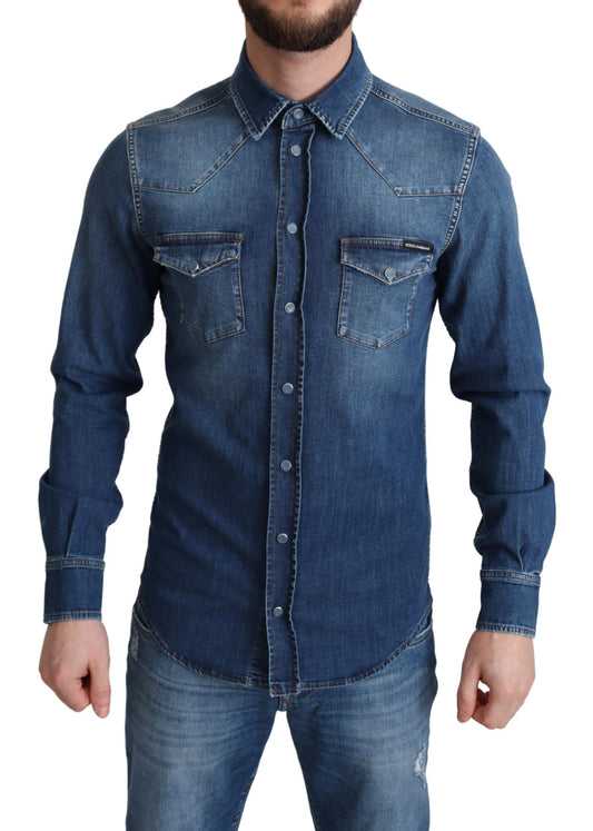 Dolce &amp; Gabbana Blue Cotton Stretch Long Sleeves Denim Shirt