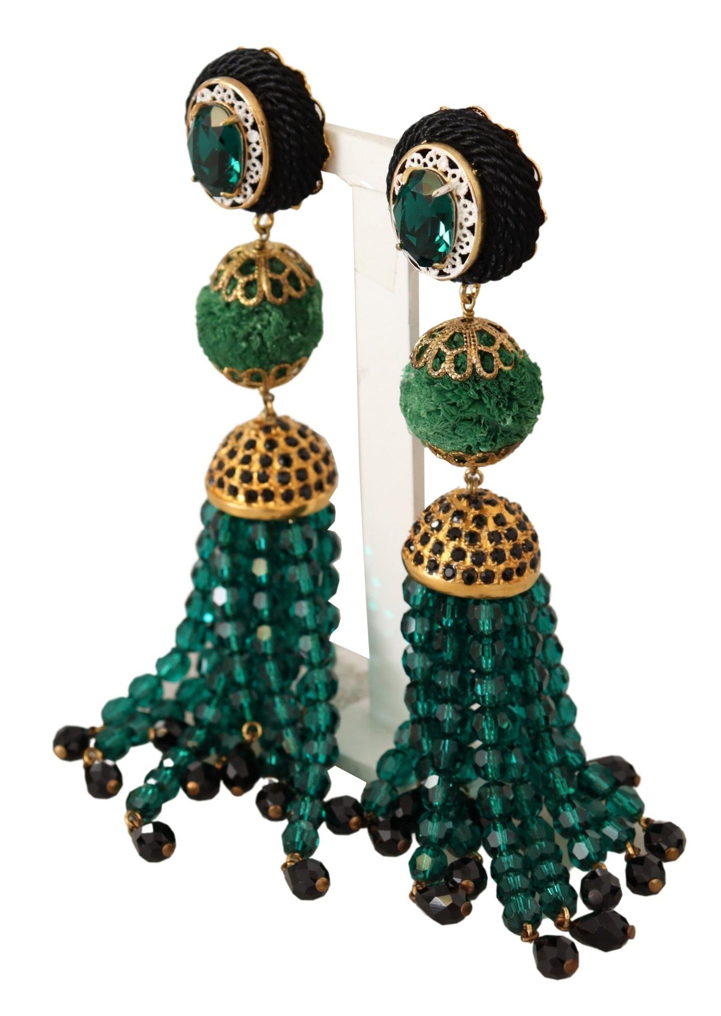 Dolce &amp; Gabbana Green Crystals Gold Tone Drop Clip-on Dangle Earrings