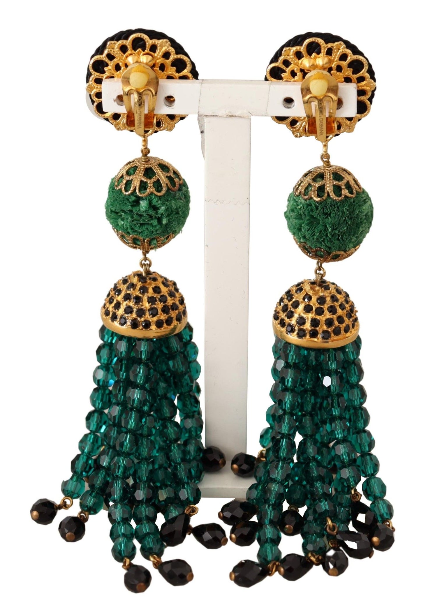 Dolce &amp; Gabbana Green Crystals Gold Tone Drop Clip-on Dangle Earrings