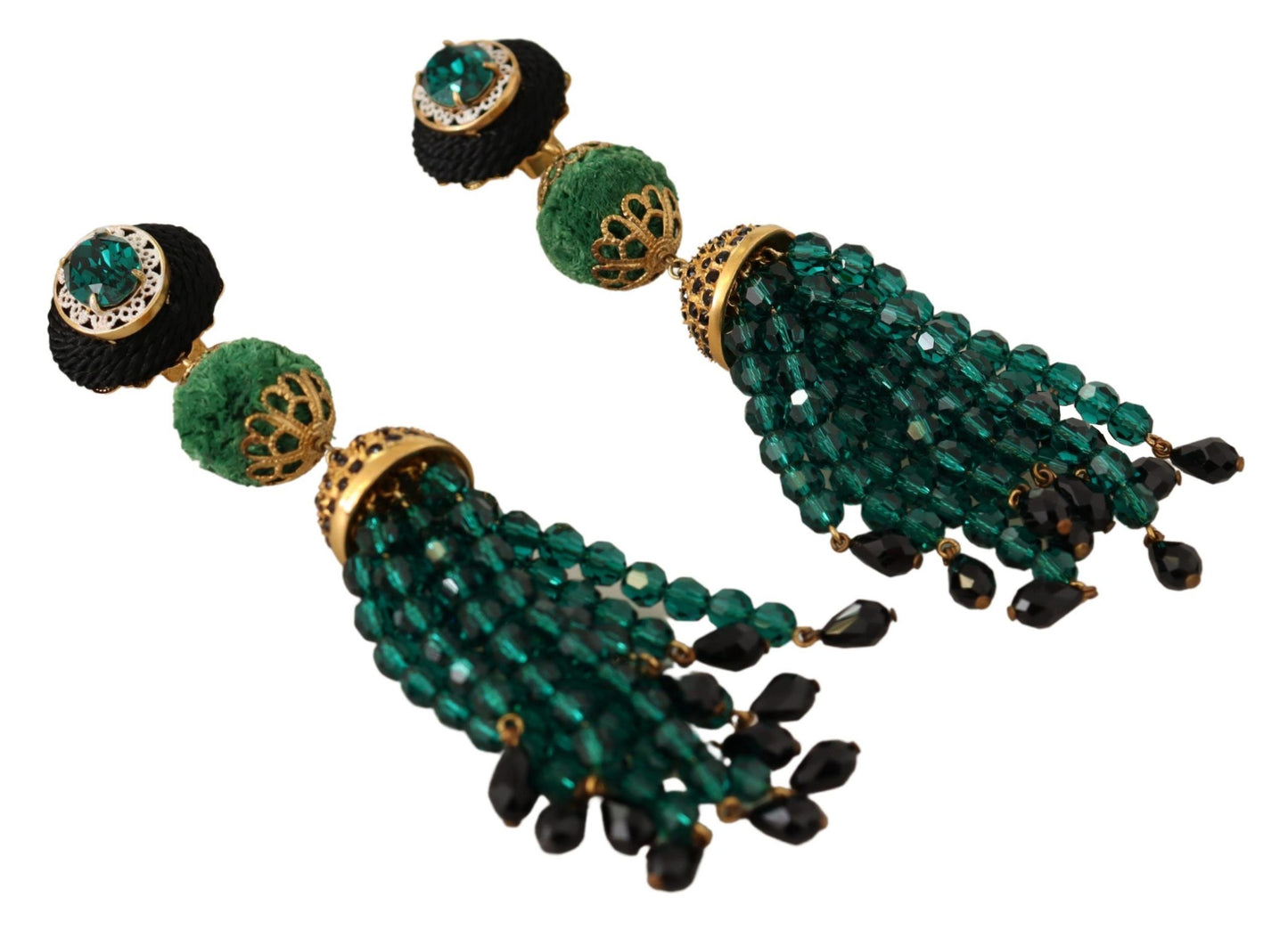 Dolce &amp; Gabbana Green Crystals Gold Tone Drop Clip-on Dangle Earrings