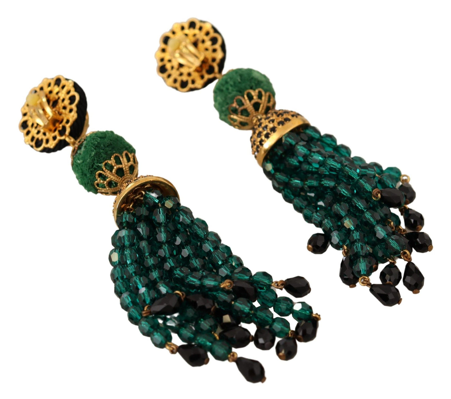 Dolce &amp; Gabbana Green Crystals Gold Tone Drop Clip-on Dangle Earrings