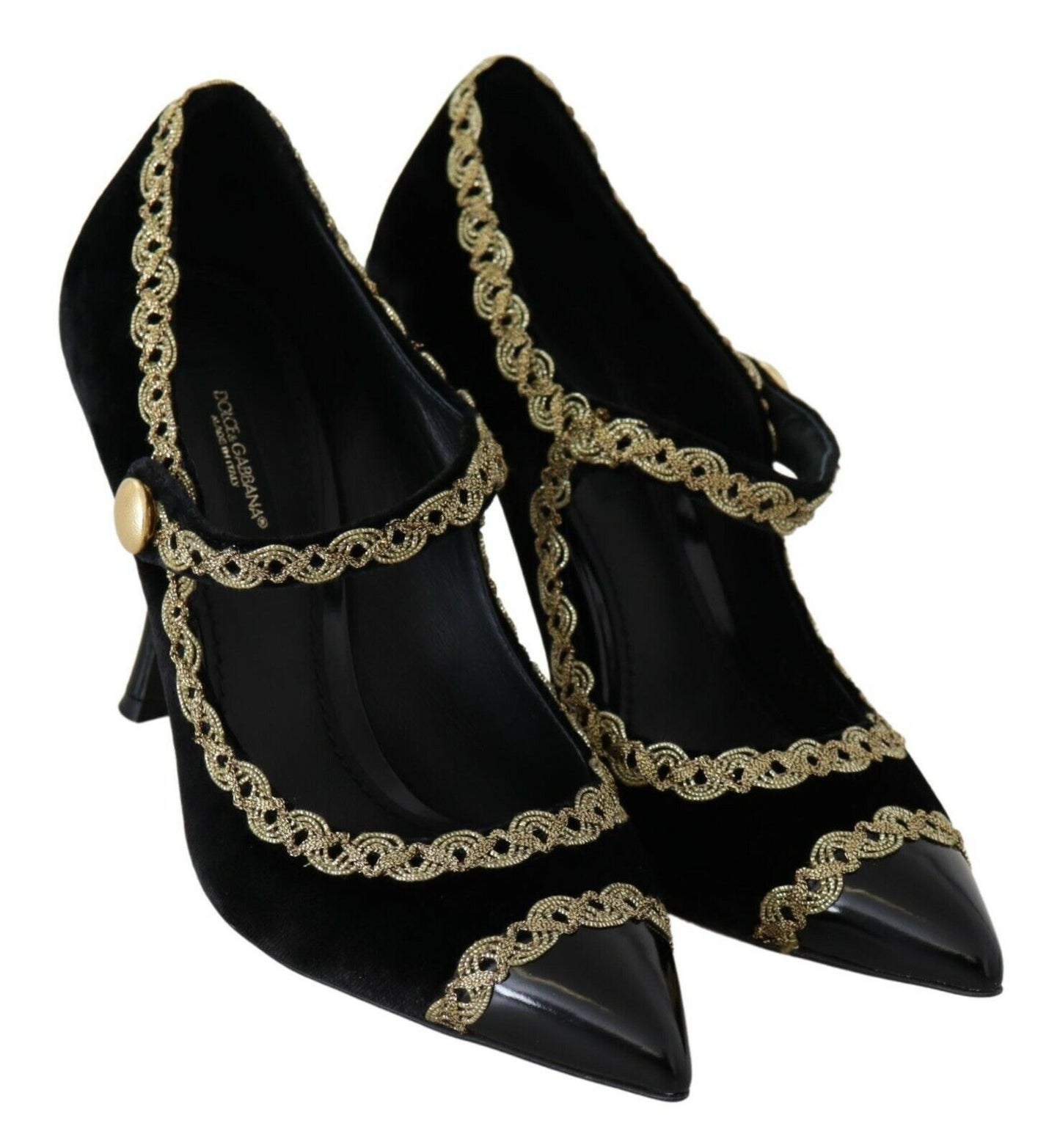 Dolce &amp; Gabbana Black Embellished Velvet Mary Jane Pumps Shoes