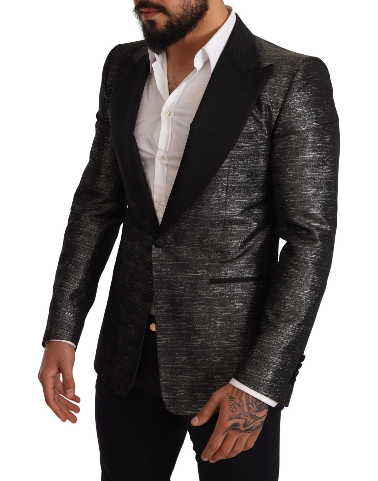 Dolce &amp; Gabbana Gray Metallic Black Slim Tuxedo Blazer