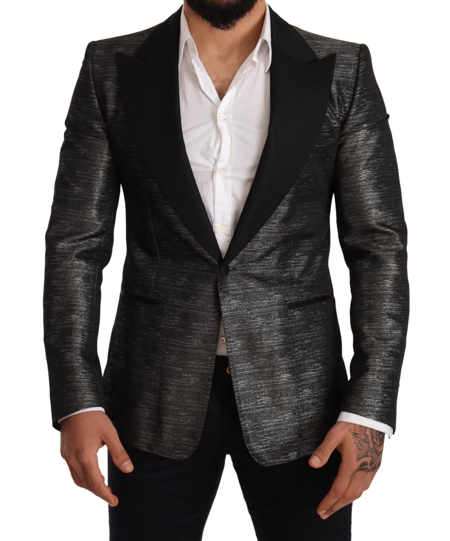 Dolce &amp; Gabbana Gray Metallic Black Slim Tuxedo Blazer