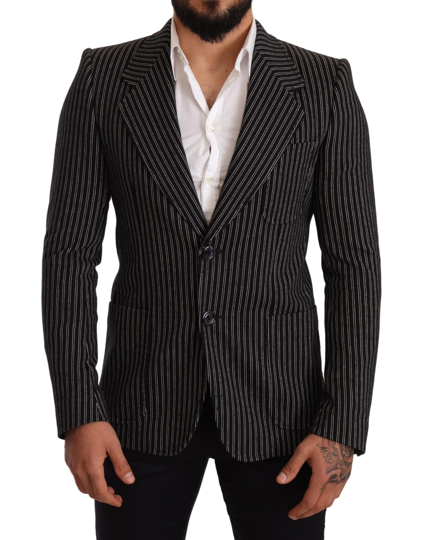 Dolce &amp; Gabbana Black Striped Slim Fit Wool Coat Blazer