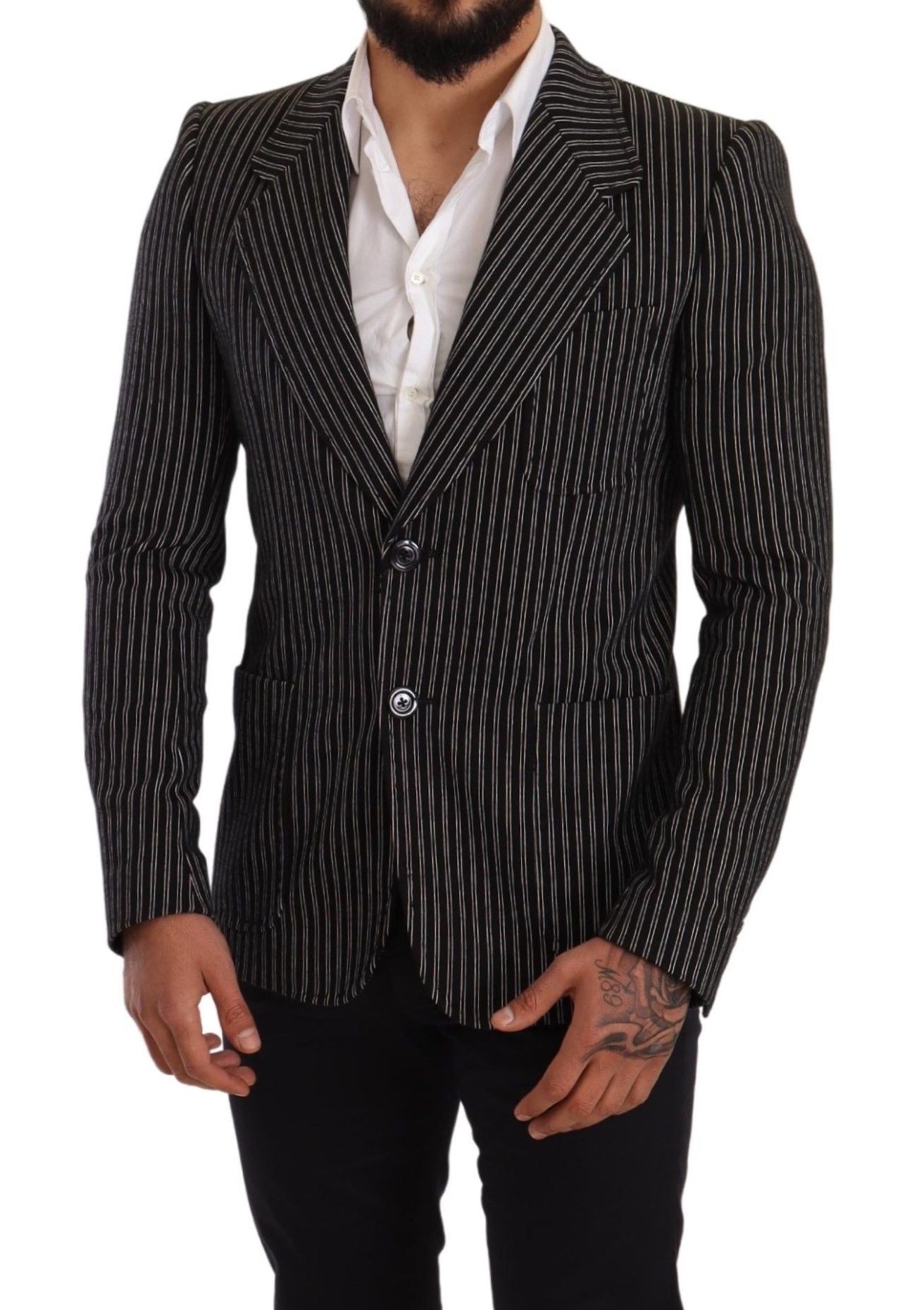 Dolce &amp; Gabbana Black Striped Slim Fit Wool Coat Blazer