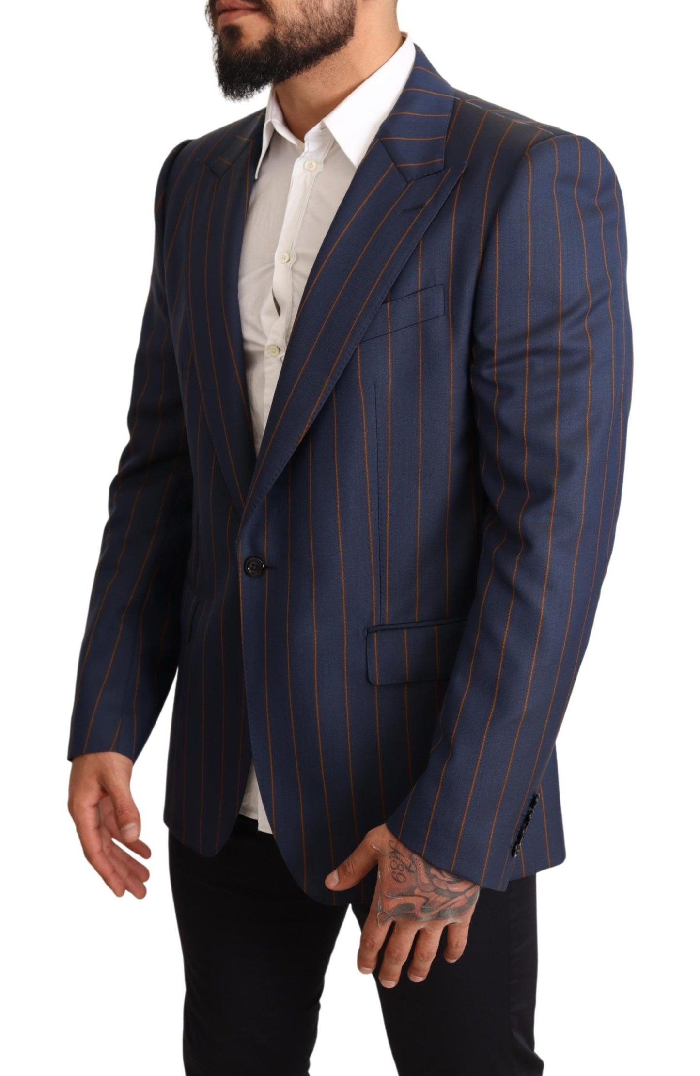 Dolce &amp; Gabbana Blue Striped Wool Slim Fit Blazer Jacket