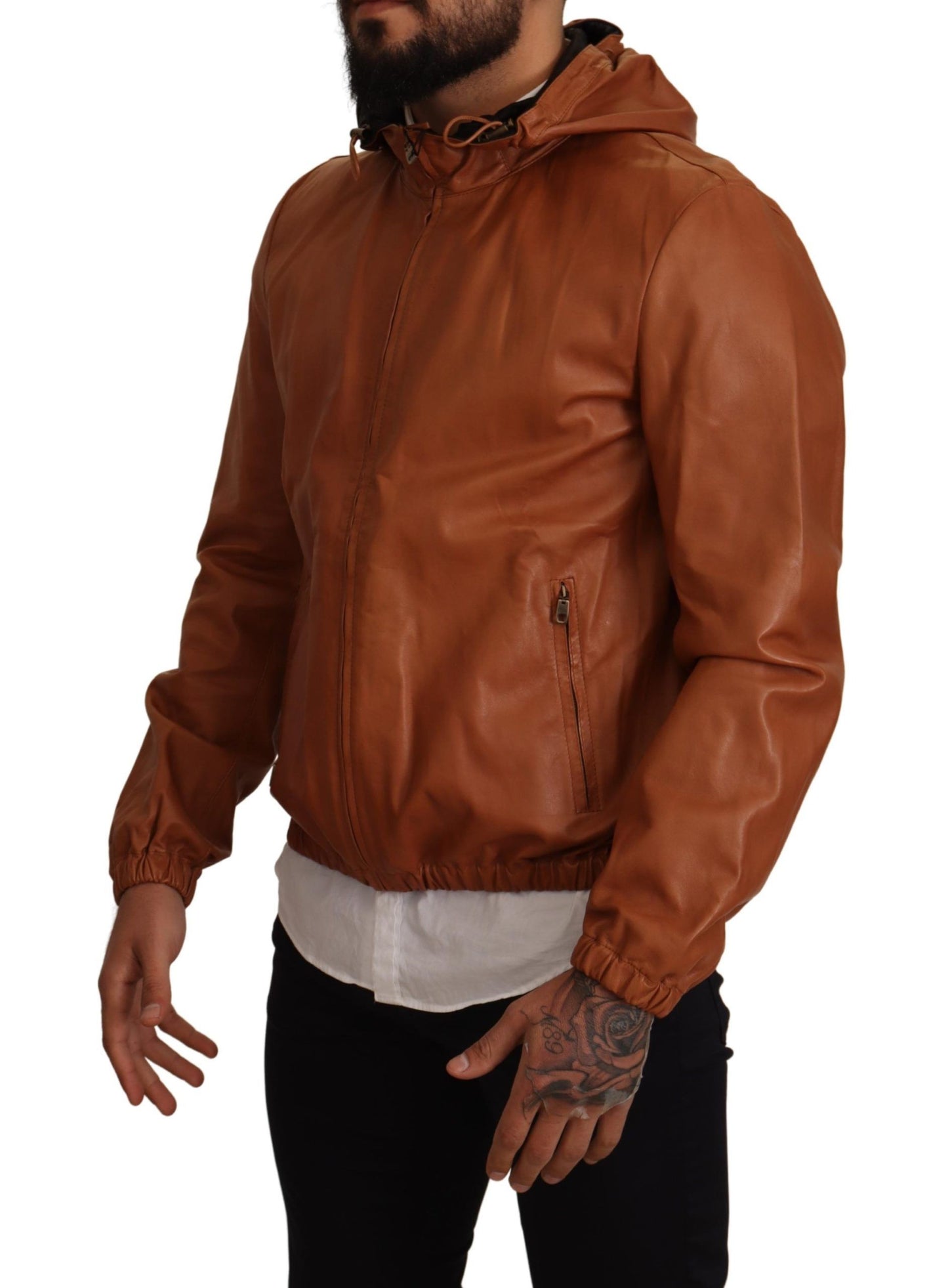 Dolce &amp; Gabbana Brown Leather Lambskin Hooded Coat Jacket