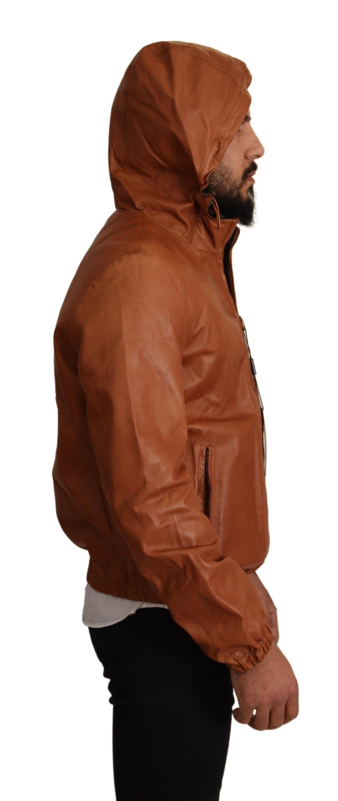 Dolce &amp; Gabbana Brown Leather Lambskin Hooded Coat Jacket