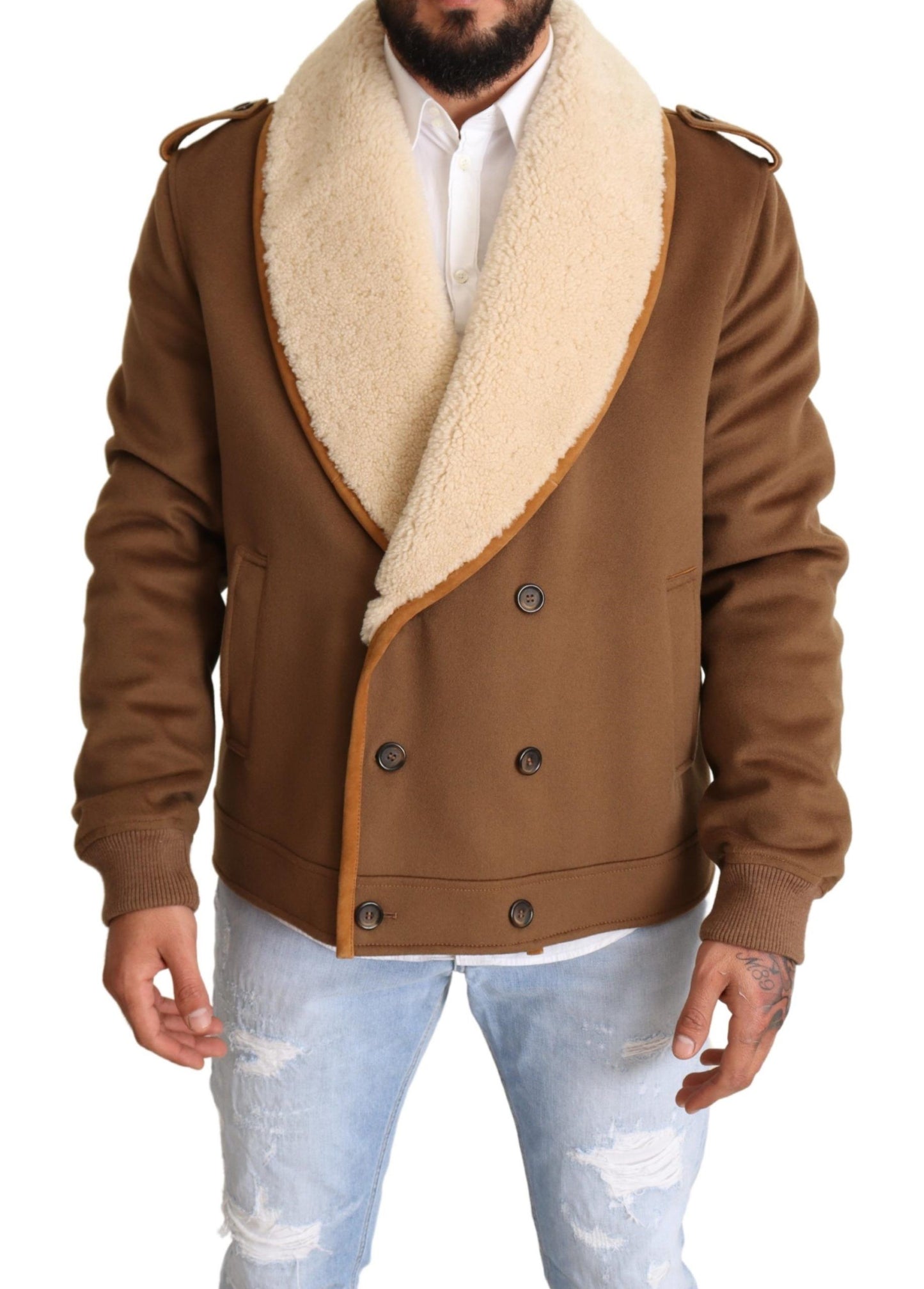 Dolce &amp; Gabbana Brown Double Breasted Shearling Coat Jacket