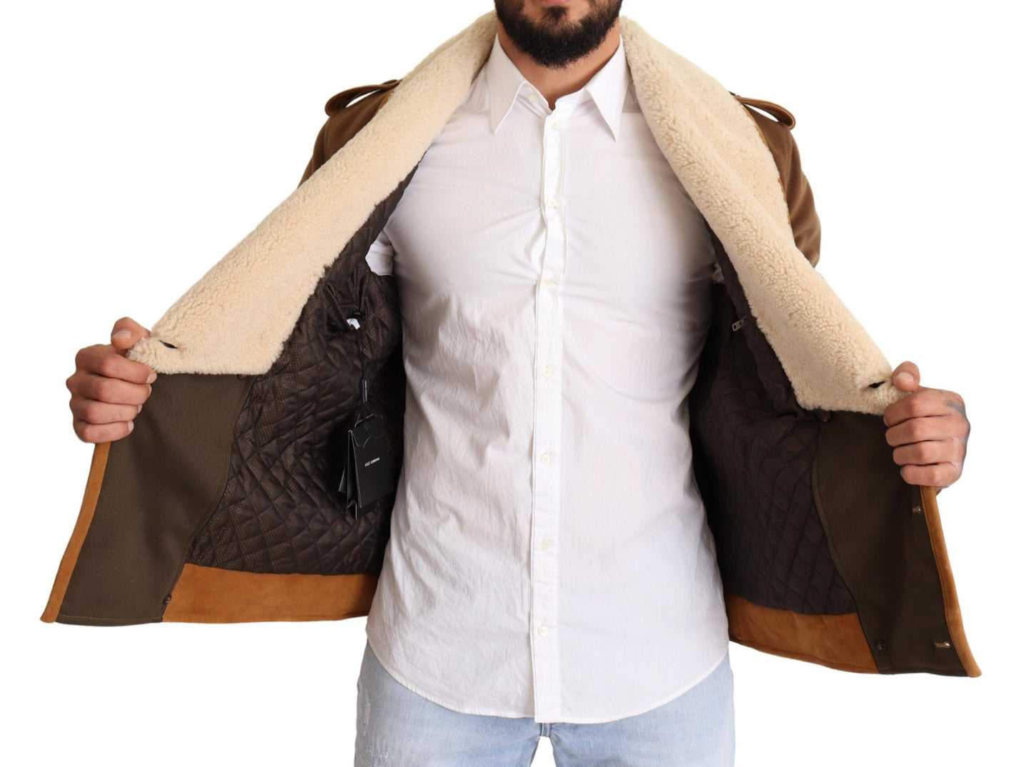 Dolce &amp; Gabbana Brown Double Breasted Shearling Coat Jacket