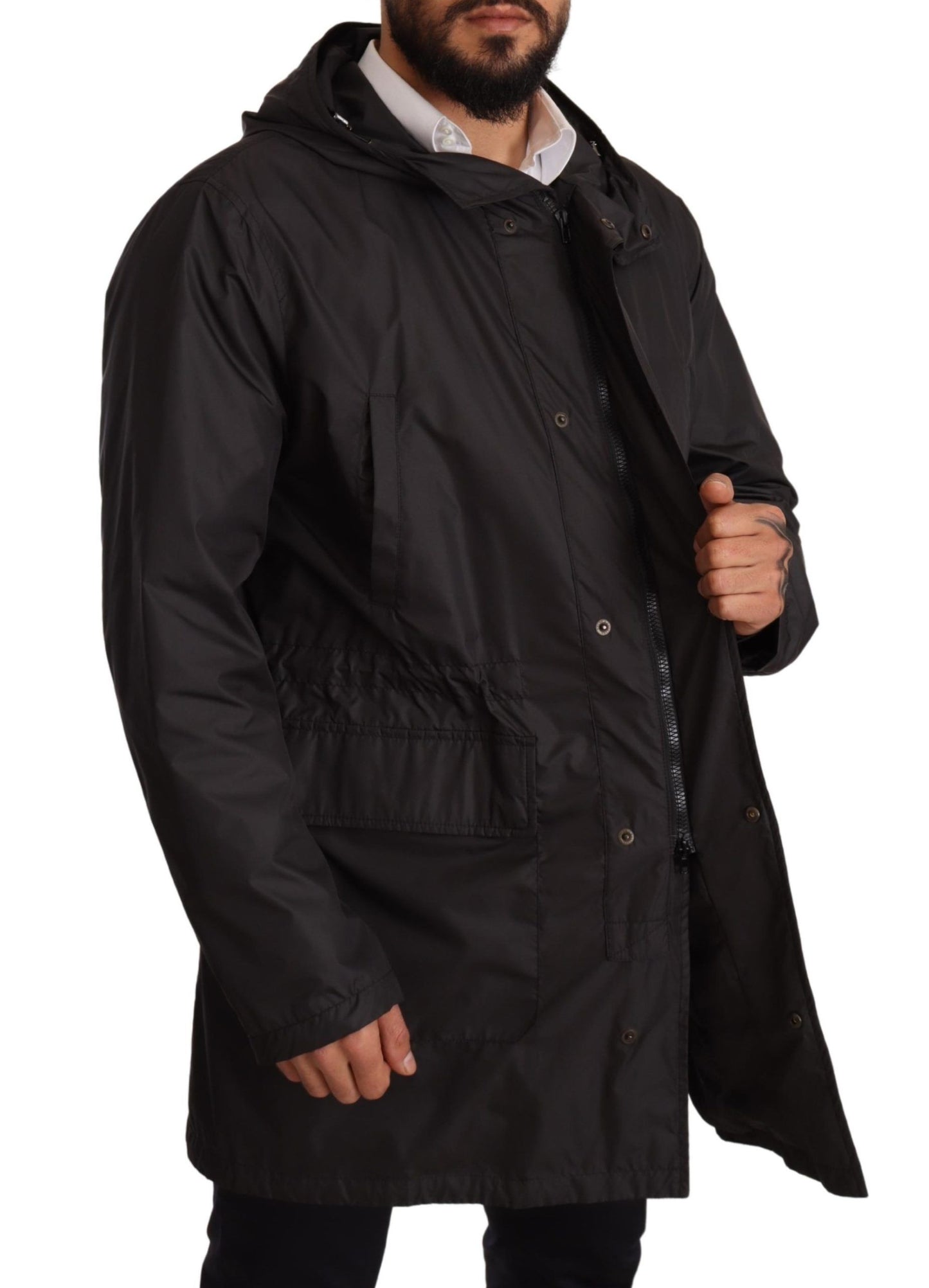 Dolce &amp; Gabbana Black Hooded Mens Trench Coat Jacket