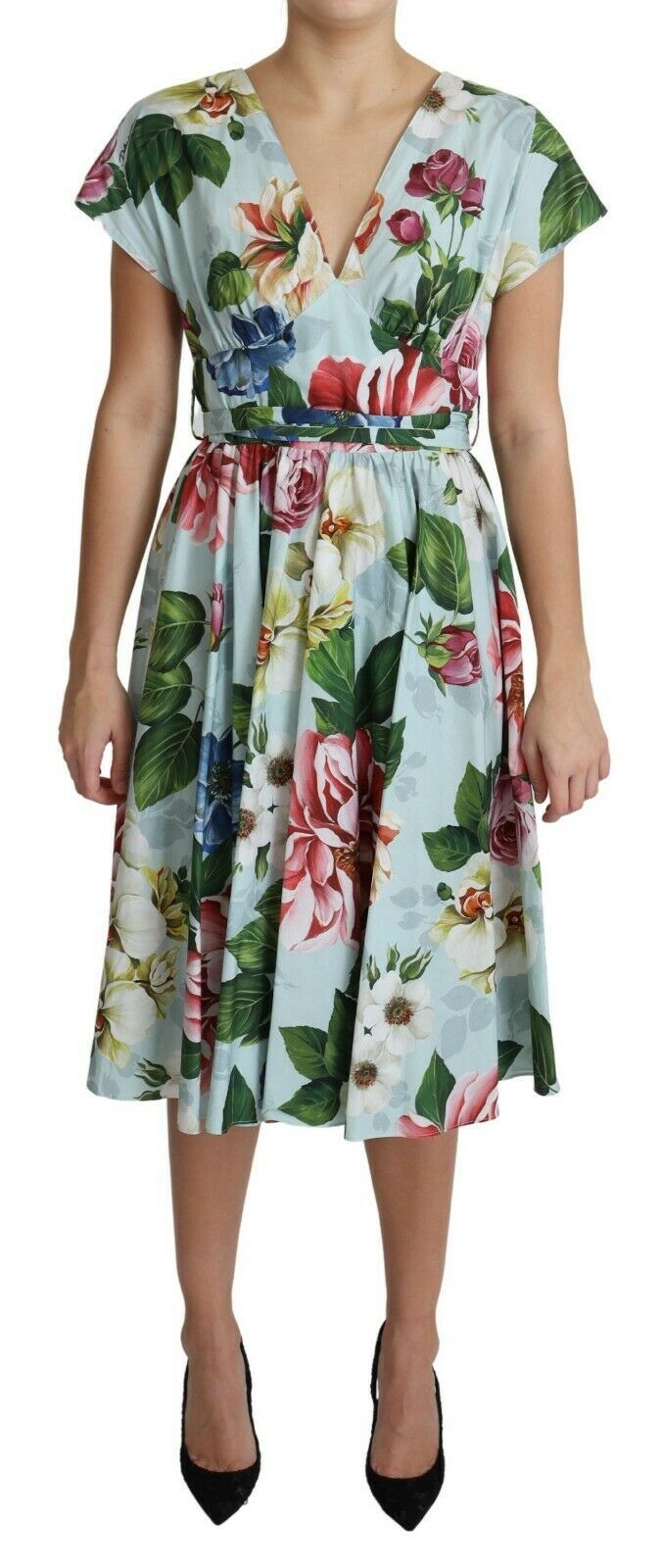 Dolce &amp; Gabbana Green Floral Short Sleeves V-neck Dress