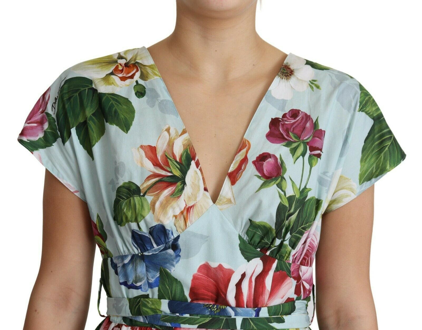 Dolce &amp; Gabbana Green Floral Short Sleeves V-neck Dress