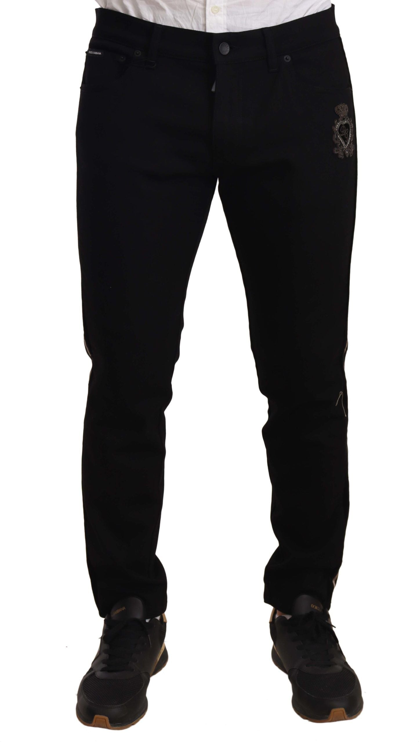 Dolce &amp; Gabbana Heraldic Slim Fit Jeans in Schwarz mit Stickerei