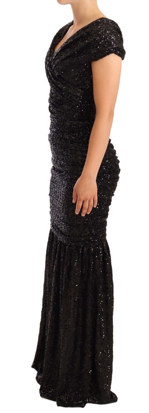 Dolce &amp; Gabbana Black Sequined Open Shoulder Long Gown Dress