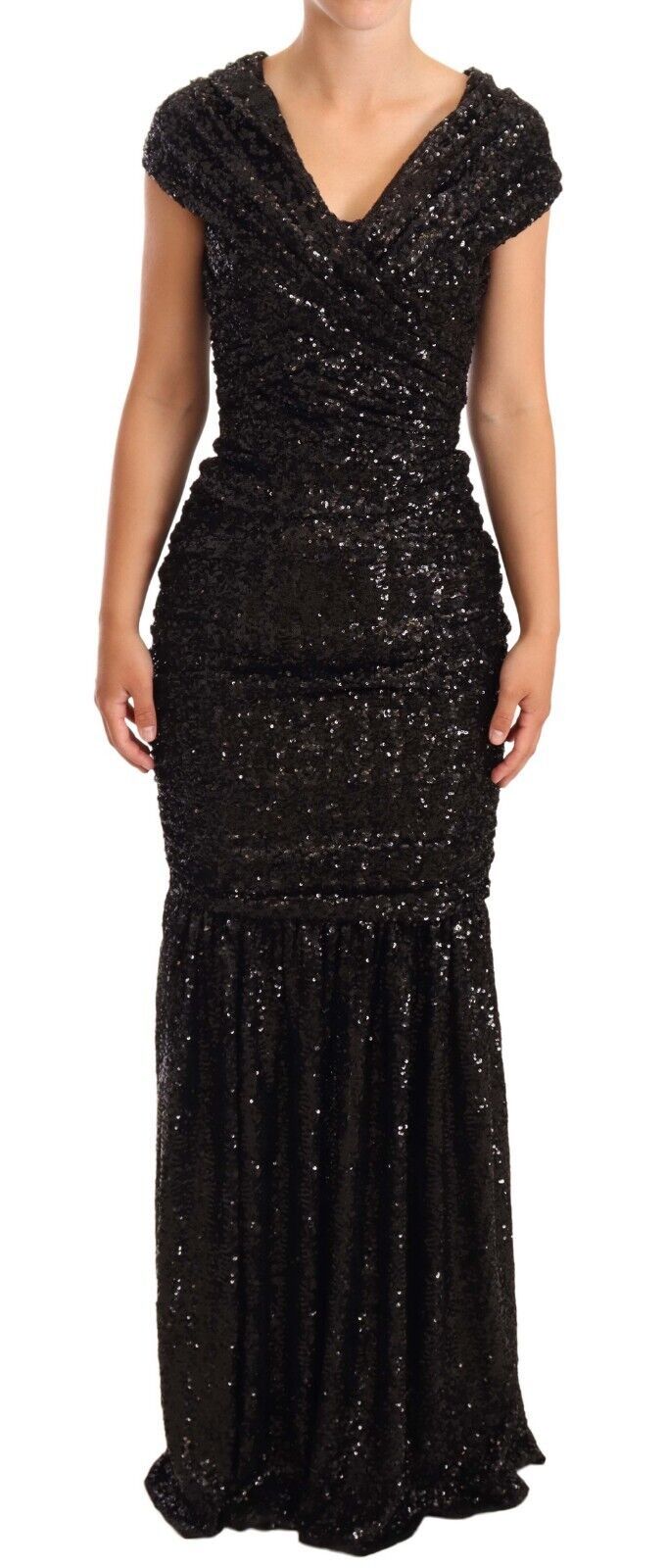 Dolce &amp; Gabbana Black Sequined Open Shoulder Long Gown Dress