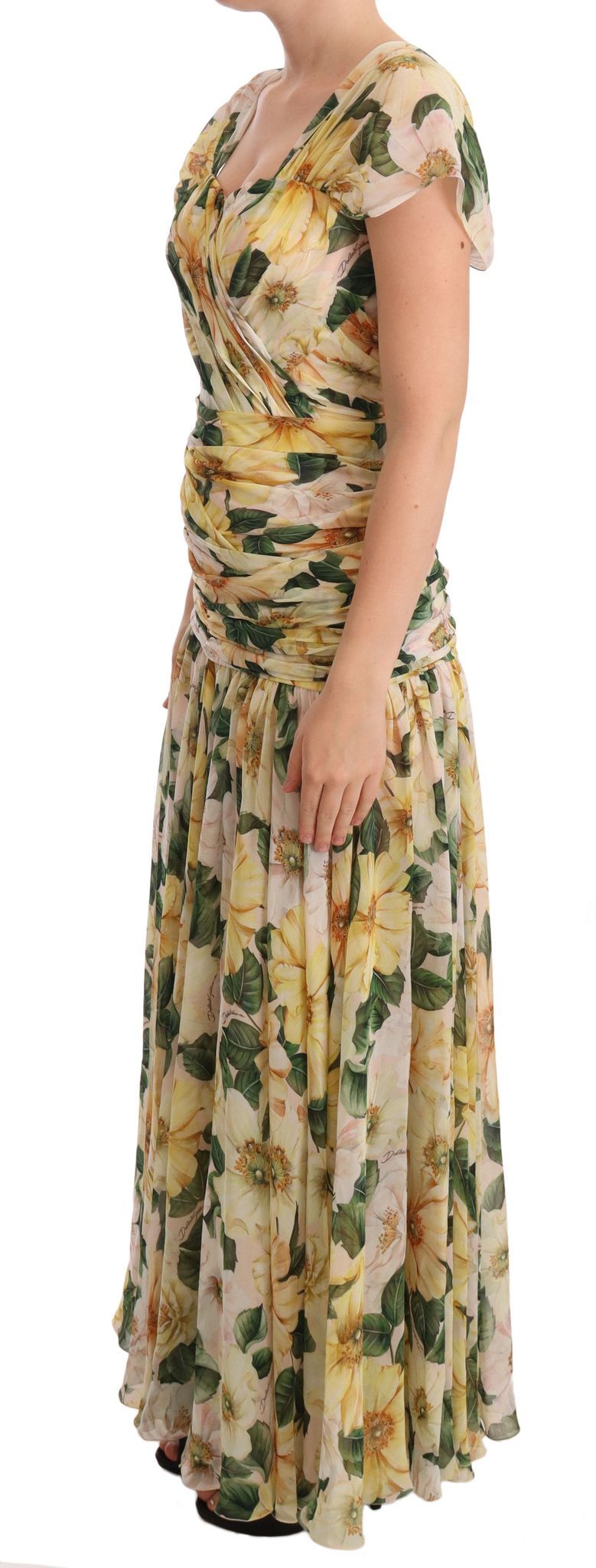 Dolce &amp; Gabbana Yellow Silk Floral Print Pleated Max Dress