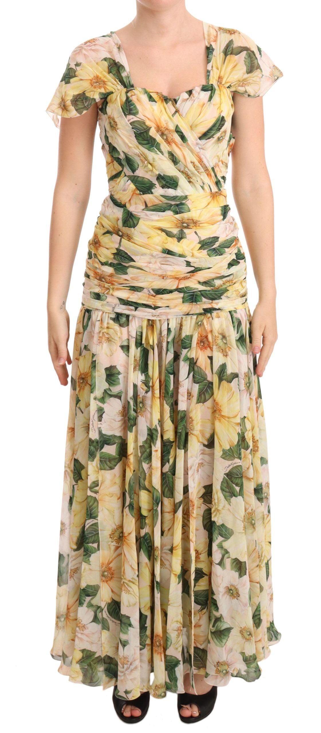 Dolce &amp; Gabbana Yellow Silk Floral Print Pleated Max Dress