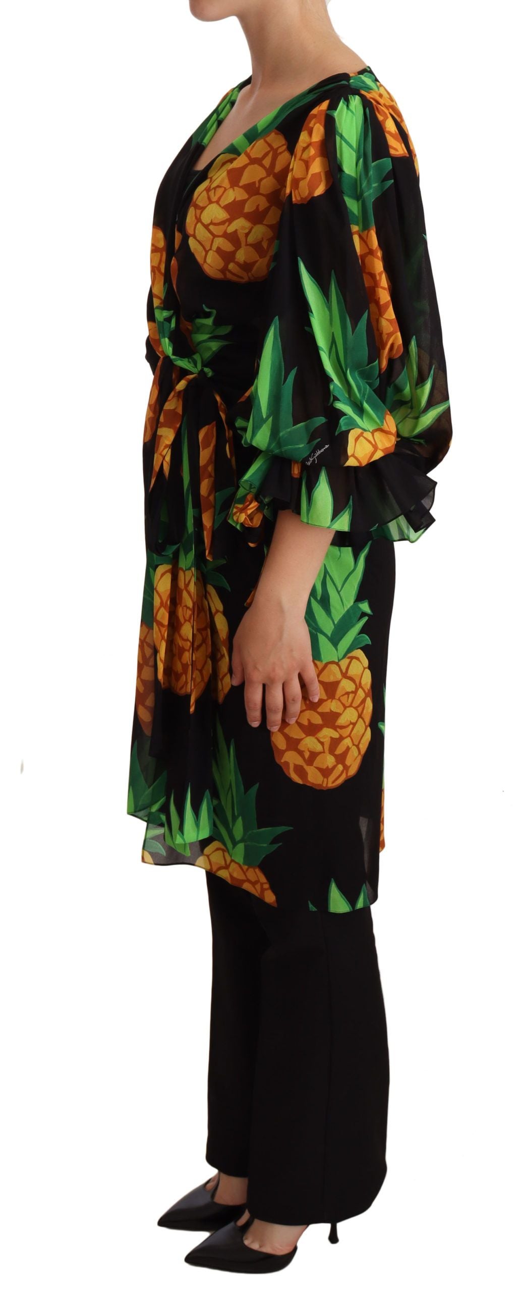 Dolce &amp; Gabbana Black Pineapple Print Wrap Stretch Silk Dress