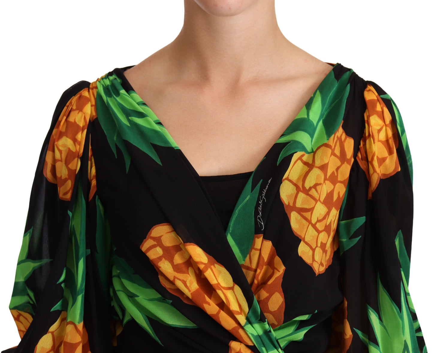 Dolce &amp; Gabbana Black Pineapple Print Wrap Stretch Silk Dress