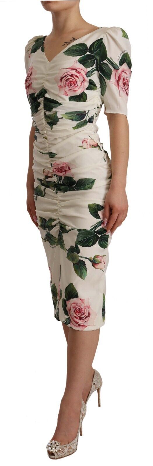 Dolce &amp; Gabbana White Roses Print Stretch Silk Pleated Dress