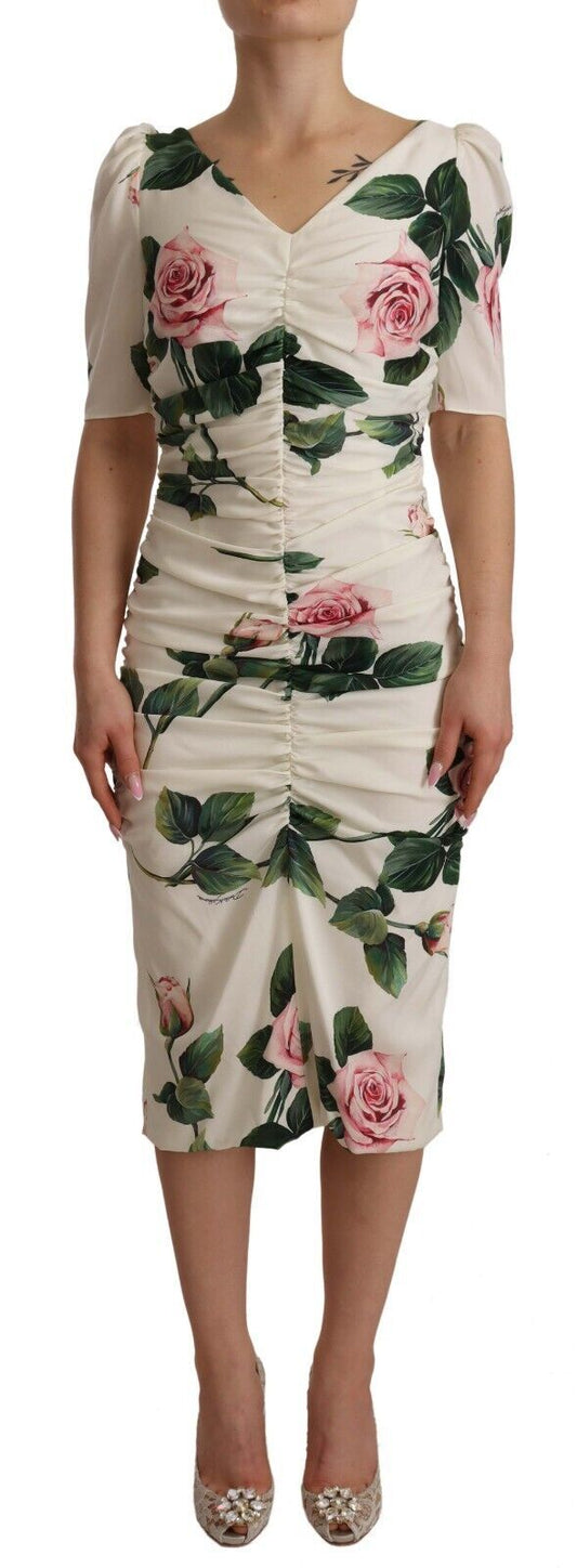 Dolce &amp; Gabbana White Roses Print Stretch Silk Pleated Dress