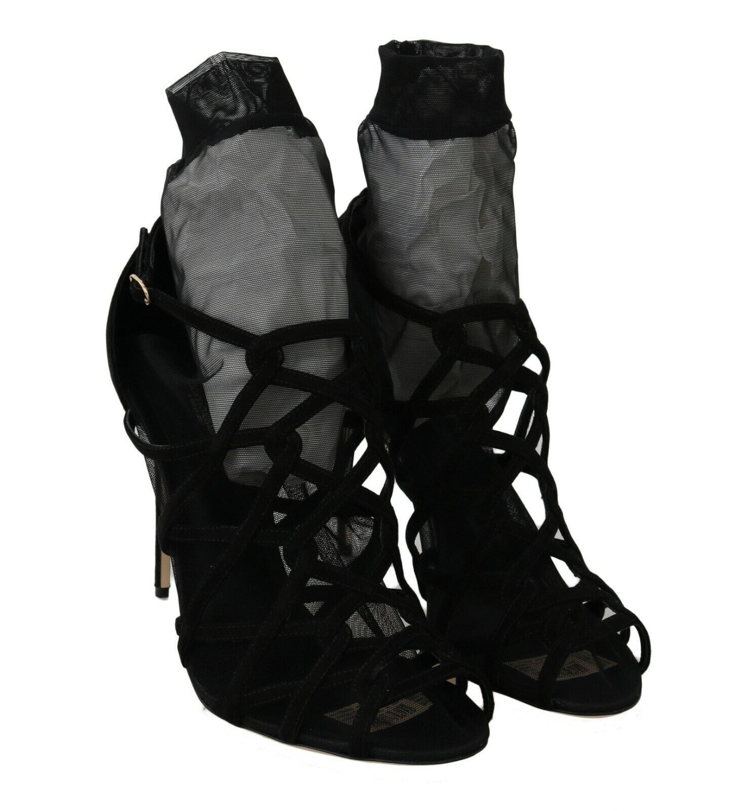 Dolce &amp; Gabbana Schwarze Wildleder-Tüll-Stiefeletten-Sandalen