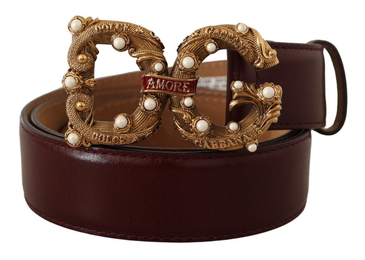 Dolce &amp; Gabbana Bordeaux Leather Brass Logo Buckle Baroque Amore Belt