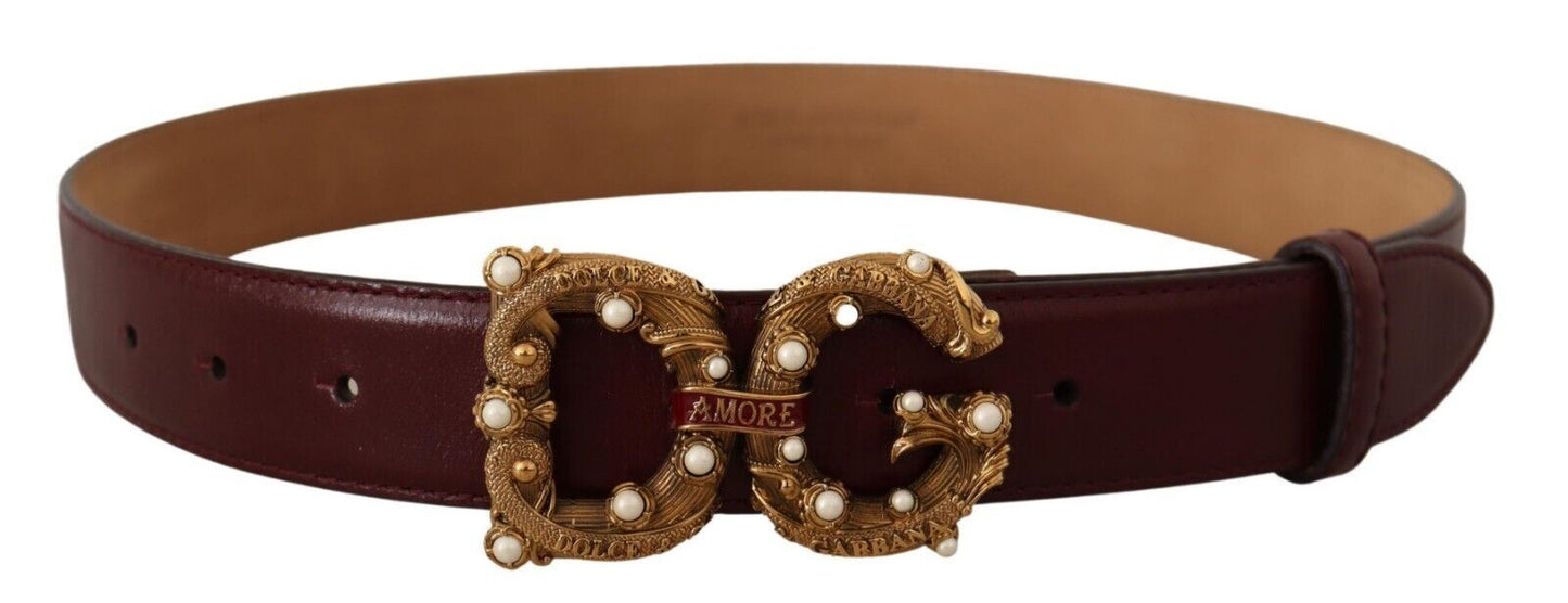 Dolce &amp; Gabbana Bordeaux Leather Brass Logo Buckle Baroque Amore Belt