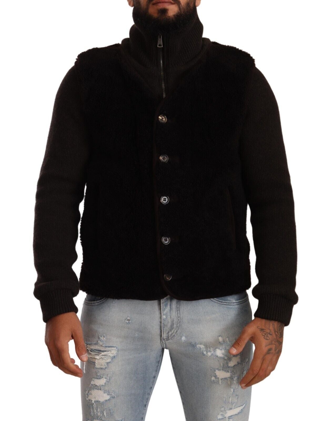 Dolce &amp; Gabbana Black Leather Mens Turtle Neck Coat Jacket