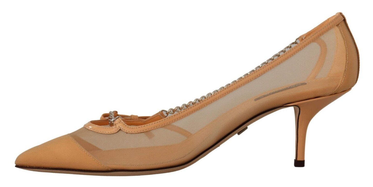 Elegante beige Mesh-Pumps von Dolce &amp; Gabbana mit silbernen Ketten