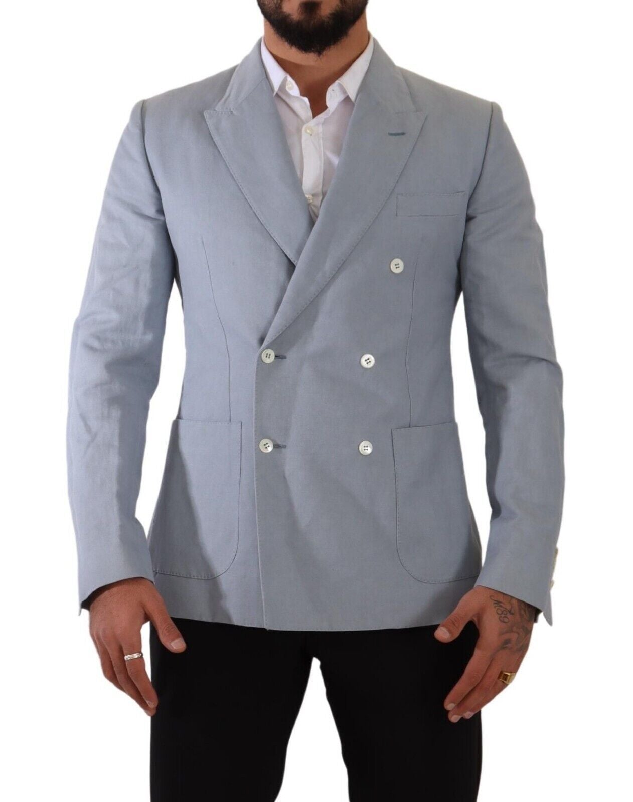 Dolce &amp; Gabbana Blue Cotton Linen Slim Fit Jacket Coat Blazer