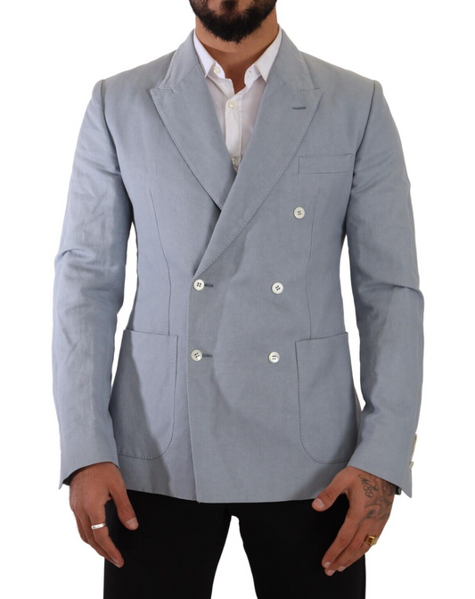 Dolce &amp; Gabbana Blue Cotton Linen Slim Fit Jacket Coat Blazer